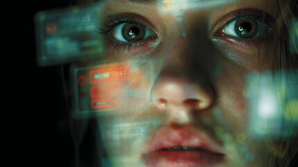 Woman Interacting with Digital Interface Overlay