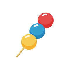 Colorful dango skewers with red, blue, and yellow balls on white background  