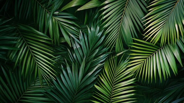 Lush tropical palm leaves create a dense, vibrant green background with intricate layered textures and varying shades of emerald and forest green foliage - Powered by Adobe