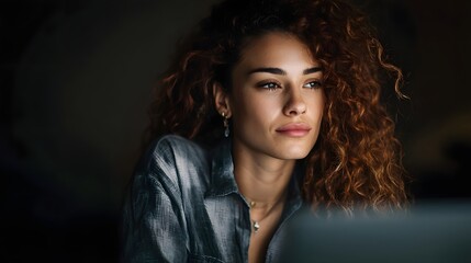 Fototapeta premium Woman with curly hair intently focused on laptop display