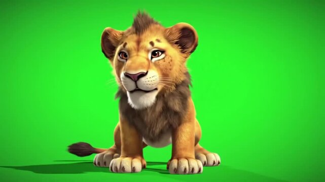 Adorable cartoon lion cub sits against a vibrant green screen.