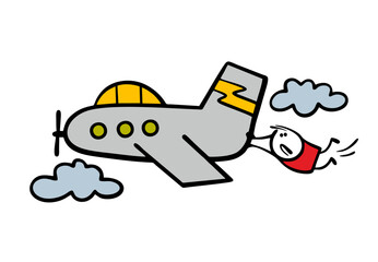 Cartoon passenger missed the flight. Vector illustration of an air transport flying in the sky, a stickman holding onto its tail among the clouds.