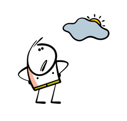Cartoon stickman in swimming trunks on the beach looks indignantly at a cloud. Vector illustration of bad weather, summer, the sun is hiding. People want to sunbathe.