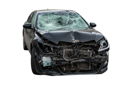 Severely damaged black sedan, shattered windshield, crumpled hood, exposed engine, and internal mechanics, on a transparent studio background with flat, shadowless illumination. Forensic examination