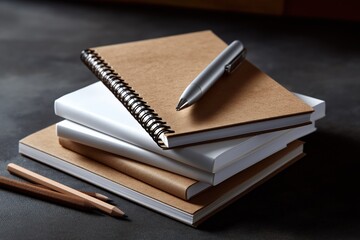 Stack of notebooks and pencils on dark surface featuring spiral and hardcover styles