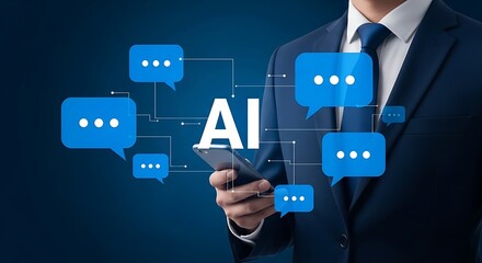 Man in suit using smartphone with A I chat bubbles