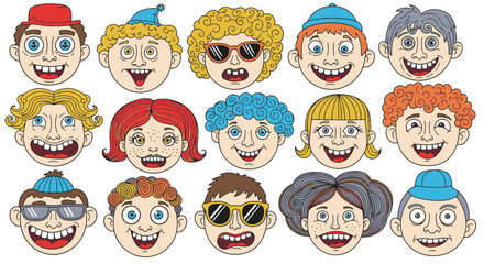 Various cartoon kids' faces with different hairstyles and expressions  