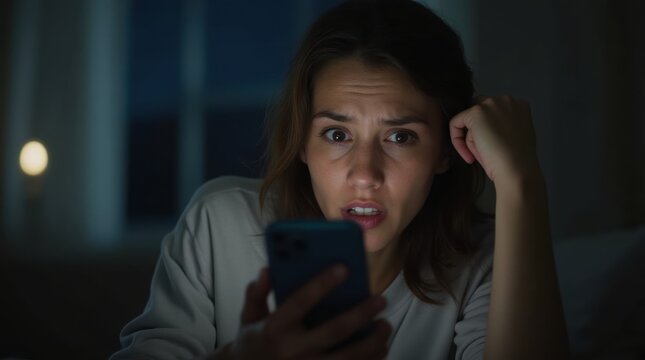 Frustrated woman reacts to unexpected news while looking at smartphone late at night - Powered by Adobe