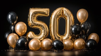 Celebrating a golden milestone! "50" in festive foil balloons amidst a balloon bouquet.  Black and Gold balloon theme. Party vibes!