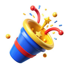 Colorful 3d rendered party popper with stars confetti and festive celebration elements