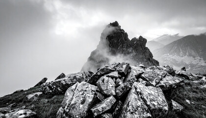 Black and white image of foggy landscape with bug stone formations.