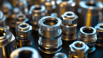 Close-up of metallic cable glands and fittings.  Industrial components