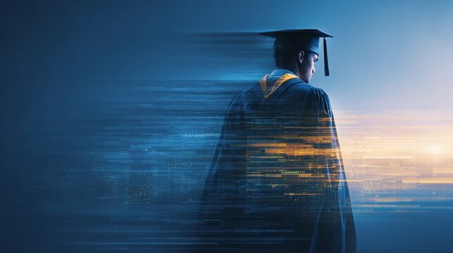 Graduate in graduation gown and cap, with a futuristic digital overlay, looking forward to the future with anticipation and hope, academic achievement