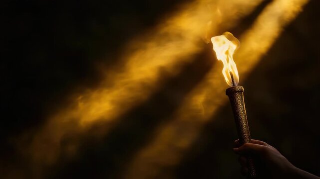Hand holds lit torch against dark background
