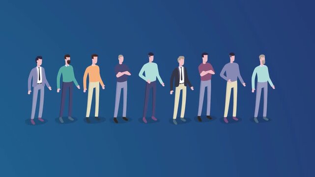 Diverse group of people standing side by side showing unity, inclusion, and team spirit in animation