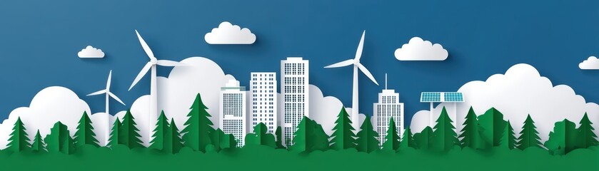 Obraz premium Green City Landscape with Wind Turbines and Clouds