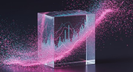 Clear cube with pink particles and graph lines on dark background.