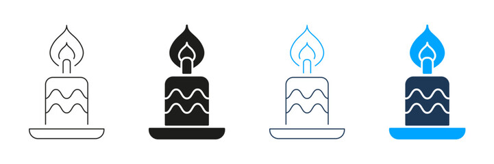 Candle On Plate Line And Solid Icon Set. Celebration, Relaxation, And Spiritual Ambiance Symbol Collection. Decorative And Aromatic Candlelight. Isolated Vector Illustration