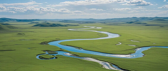 Natural scenery of rivers and wetlands in the Inner Mongolia grassland, a tourist destination