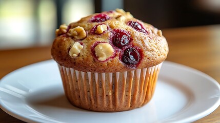 Freshly Baked Cranberry and Walnut Muffin on a White Plate