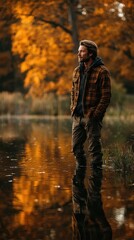 Man standing in calm water surrounded by autumn foliage reflecting on the surface in a serene natural setting