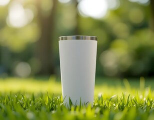 Sleek white tumbler rests gently amidst vibrant green grass, illuminated by the soft, natural sunlight outdoors