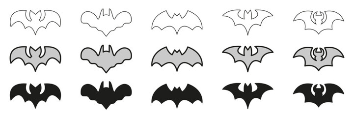 Bat Silhouette Icons In Line, Outline, And Glyph Icon Set. Nocturnal Creature And Halloween Symbol Collection. Isolated Vector Illustration