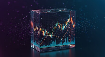 Stock market chart displayed inside a transparent cube on a dark background.