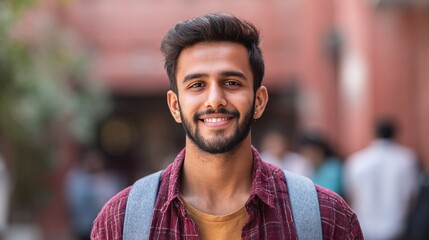Smiling young man with a backpack. Outdoor headshot in a collegiate setting. He has a beard, red plaid shirt and friendly expression. Ready for school!