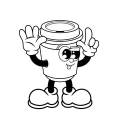 Retro character design of cute coffee cup outline