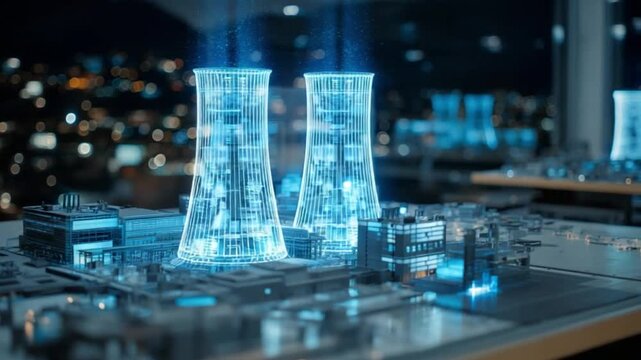 A nighttime digital model of a nuclear power plant with glowing cooling towers