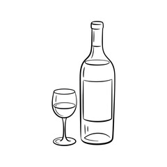 Hand drawn sketch of a wine bottle and glass