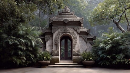 Fototapeta premium Exotic balinese architecture intricately woven with lush tropical foliage landscape
