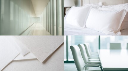 A four-panel image showcasing clean, minimalist aesthetics a hallway, bedding, paper texture, and a conference room, all in varying shades of white and off-white, emphasizing a sense of calm and order