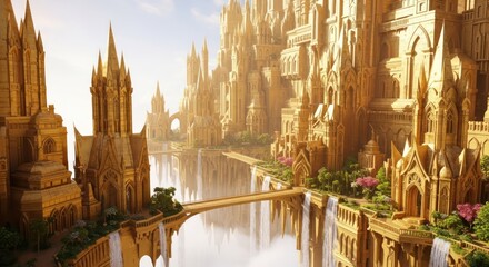Golden Cityscape: A majestic and ornate cityscape, sculpted from gleaming gold, rises towards the sky. Capturing a scene of awe and wonder. 