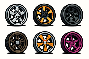 Colorful cartoon car wheels collection in various designs