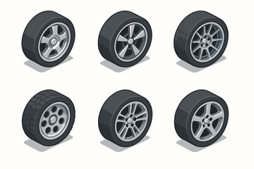 Various car tire designs with alloy wheels in isometric view