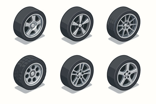 Various car tire designs with alloy wheels in isometric view