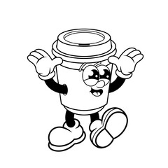 Retro character design of cheerful coffee cup outline