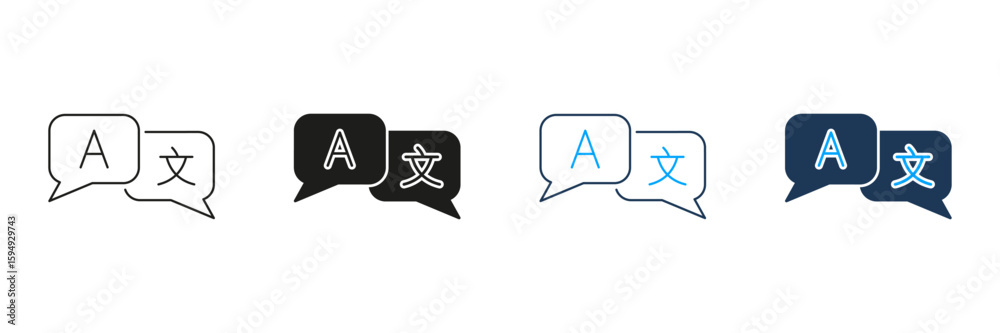 Aufkleber speech bubbles with language symbols line and solid icon set. multilingual communication and transla