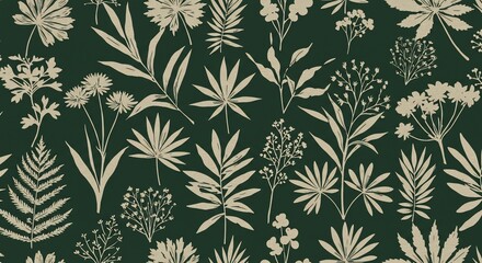 Obraz premium 深緑背景 優雅な植物模様 繊細な線画