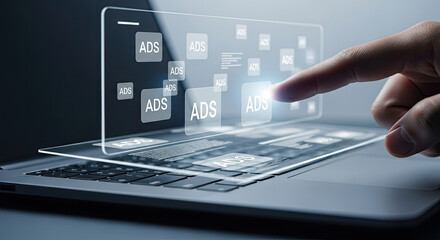 Targeted Digital Advertising Campaign Concept: Finger Tapping Ads on Laptop Screen, Showcasing Online Marketing and Interactive Advertisement Strategy