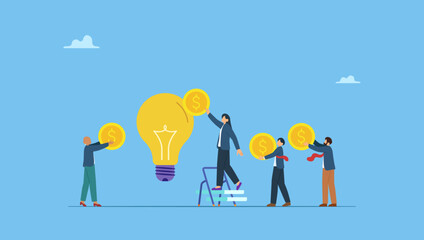Business people donate or contribute fund raiser new lightbulb project. Fundraising idea, funding new innovative project, donation, investing or VC venture capital to support startup idea.