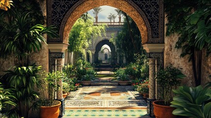 Moorish garden walkway, arches, lush plants