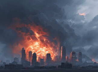 Obraz premium A city skyline in the background, with smoke and fire rising from the buildings and dark clouds overhead. In the foreground, an explosion engulfs part of one of the buildings. The scene conveys a 