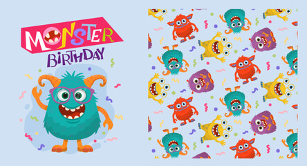 Vector illustration of playful monsters celebrating a birthday surrounded by colorful confetti. The vibrant pattern adds a fun and whimsical touch to any children s event or party decor.
