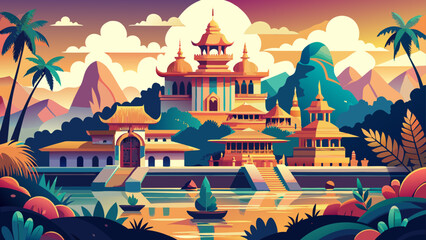 Vientiane, Laos – Tranquil riverside temples and colonial buildings define this calm capital. A soft-toned vector composition rich in Buddhist serenity