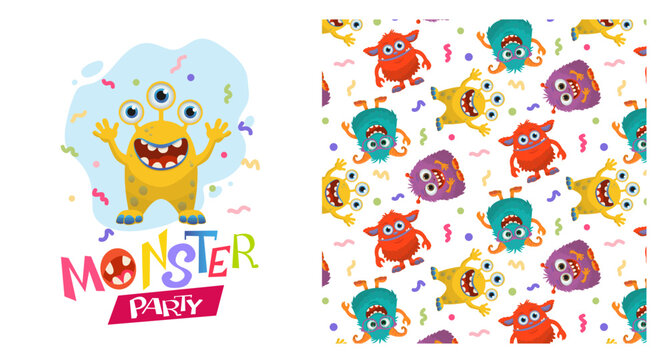 Vector illustration of a lively monster party with vibrant, cartoonish creatures celebrating. The playful design features colorful monsters, confetti, and a fun party atmosphere.