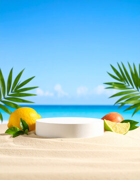 A summer-themed podium with a backdrop of beach sand, fresh fruit, sea and bright blue sky.