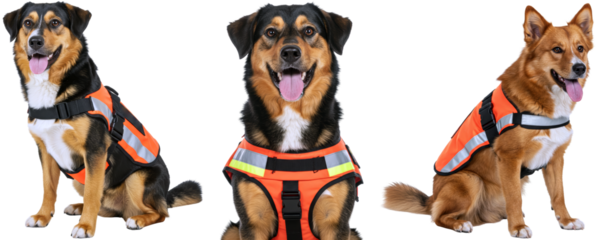 Three dogs wearing reflective safety vests in bright orange color  